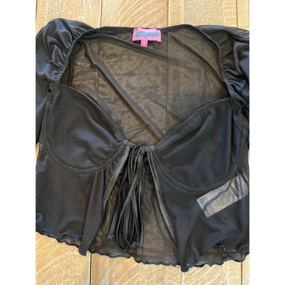Edikted Black Sheer Mesh Tie Front Long‎ Sleeve Crop Top Women's Small - Picture 5 of 8
